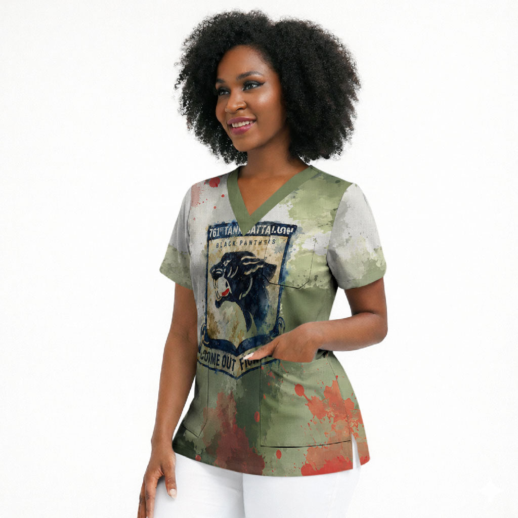761st Tank Battalion Scrub Top Black Panthers - Come Out Fighting - Military Watercolor