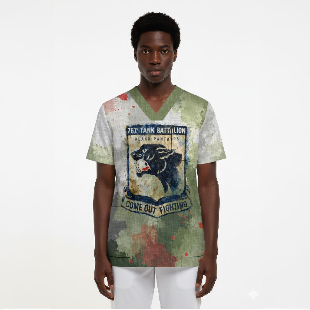 761st Tank Battalion Scrub Top Black Panthers - Come Out Fighting - Military Watercolor