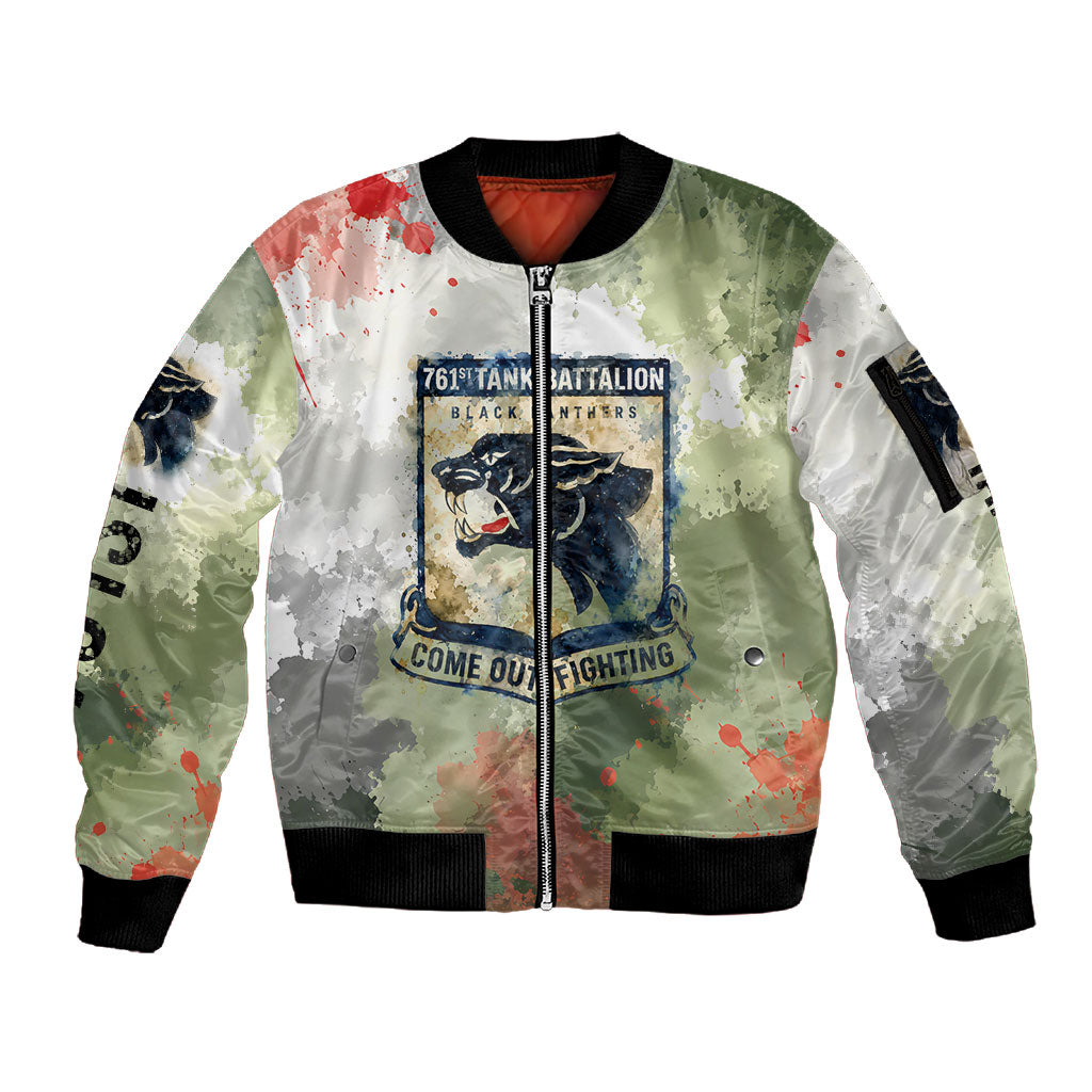 761st Tank Battalion Sleeve Zip Bomber Jacket Black Panthers - Come Out Fighting - Military Watercolor