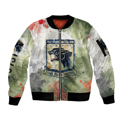 761st Tank Battalion Sleeve Zip Bomber Jacket Black Panthers - Come Out Fighting - Military Watercolor