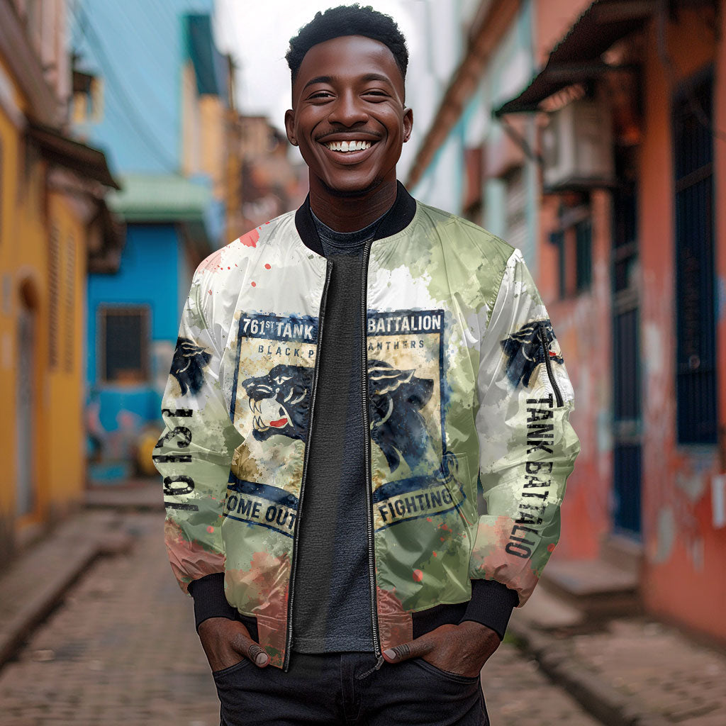 761st Tank Battalion Sleeve Zip Bomber Jacket Black Panthers - Come Out Fighting - Military Watercolor