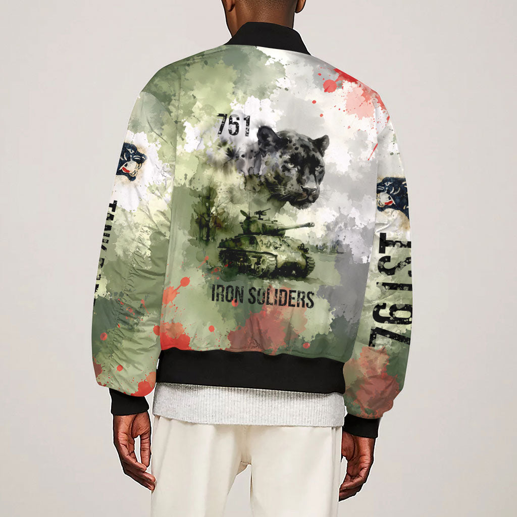 761st Tank Battalion Sleeve Zip Bomber Jacket Black Panthers - Come Out Fighting - Military Watercolor
