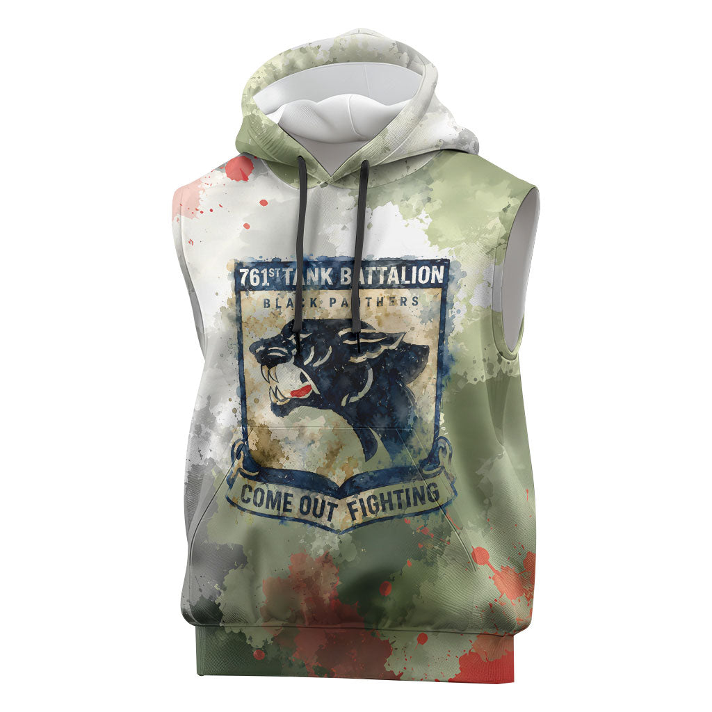 761st Tank Battalion Sleeveless Hoodie Black Panthers - Come Out Fighting - Military Watercolor