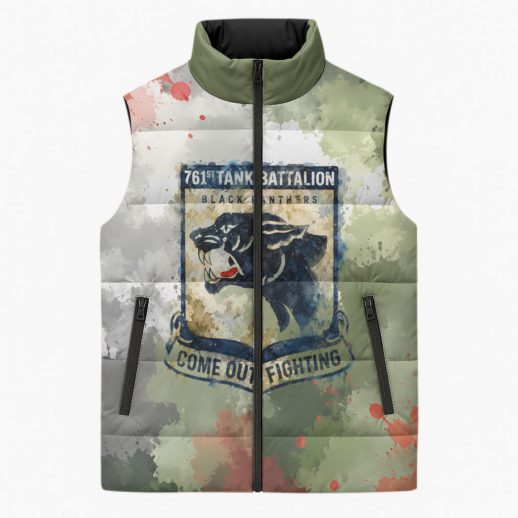 761st Tank Battalion Sleeveless Puffer Jacket Black Panthers - Come Out Fighting - Military Watercolor