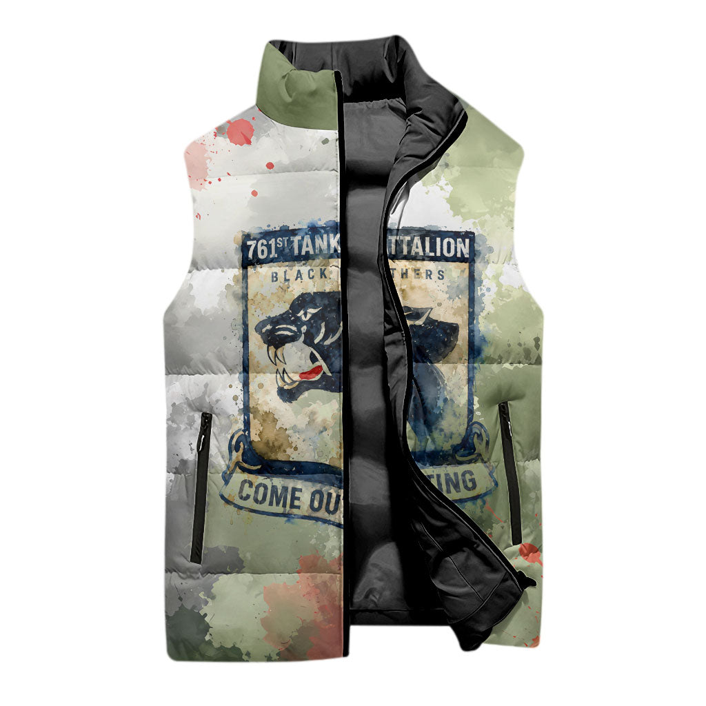 761st Tank Battalion Sleeveless Puffer Jacket Black Panthers - Come Out Fighting - Military Watercolor