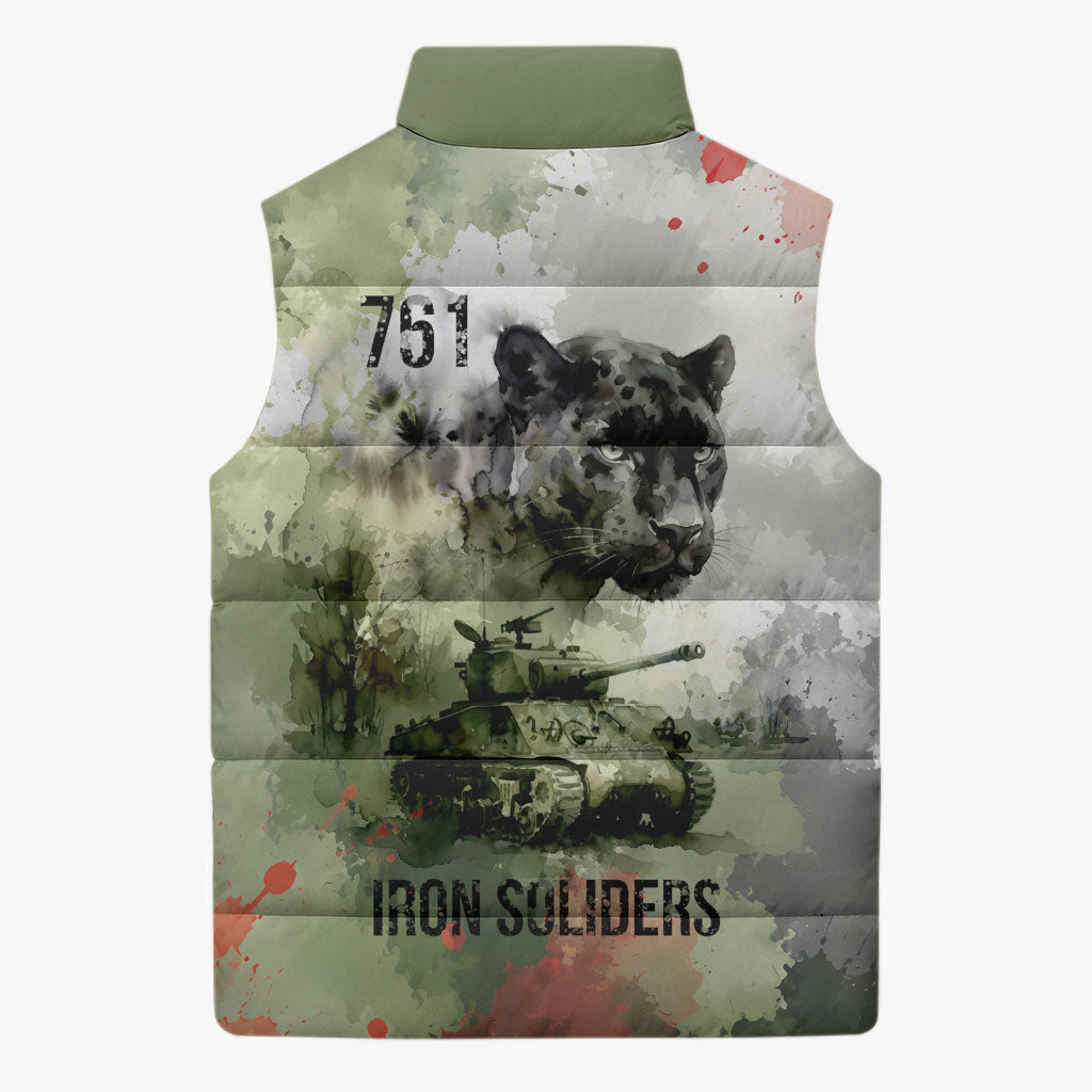 761st Tank Battalion Sleeveless Puffer Jacket Black Panthers - Come Out Fighting - Military Watercolor