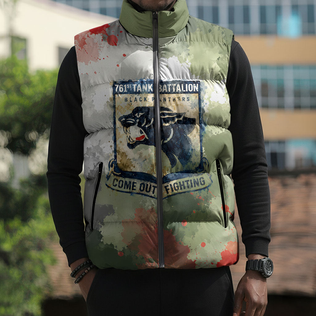 761st Tank Battalion Sleeveless Puffer Jacket Black Panthers - Come Out Fighting - Military Watercolor