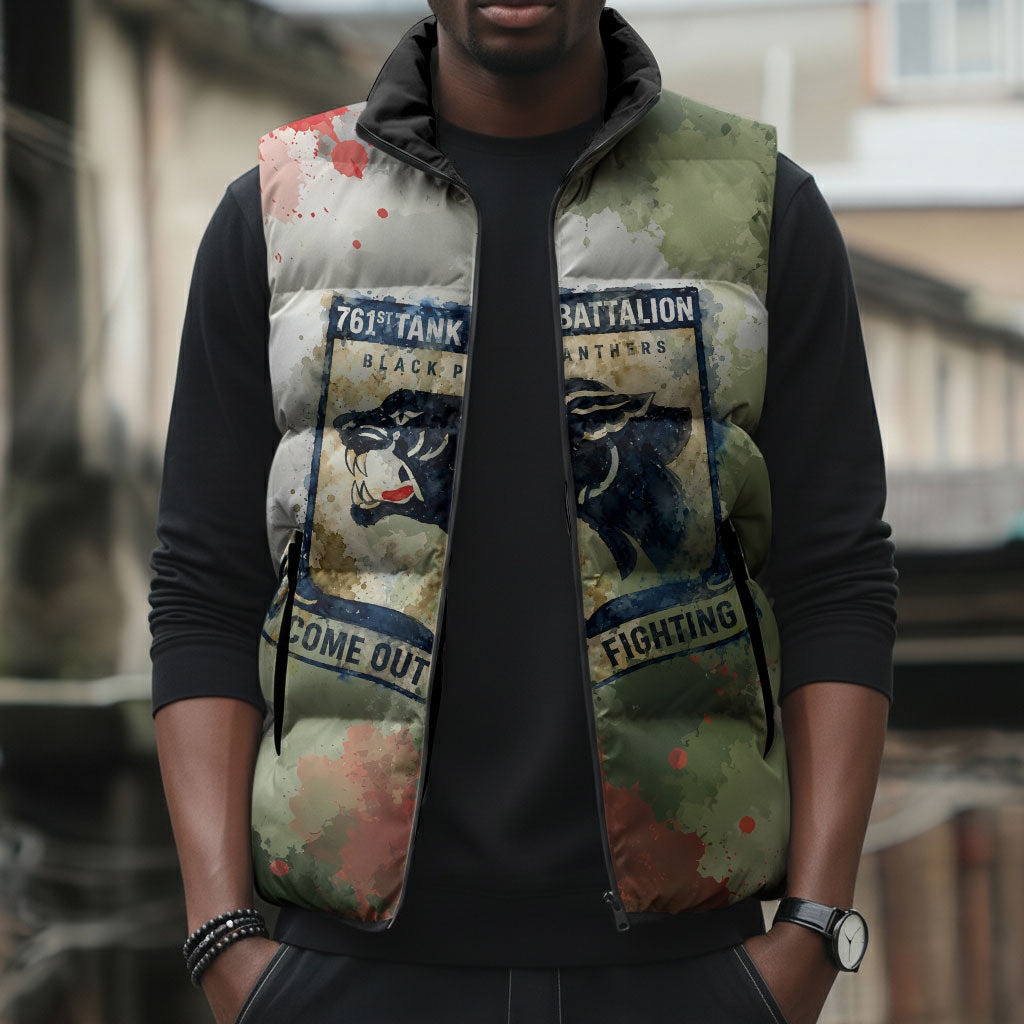 761st Tank Battalion Sleeveless Puffer Jacket Black Panthers - Come Out Fighting - Military Watercolor