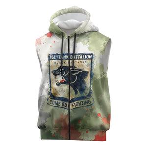 761st Tank Battalion Sleeveless Zip Hoodie Black Panthers - Come Out Fighting - Military Watercolor
