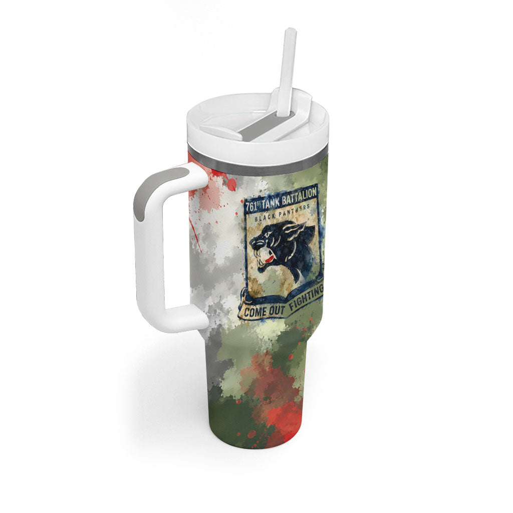 761st Tank Battalion Tumbler With Handle Black Panthers - Come Out Fighting - Military Watercolor