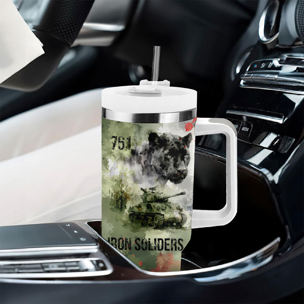 761st Tank Battalion Tumbler With Handle Black Panthers - Come Out Fighting - Military Watercolor