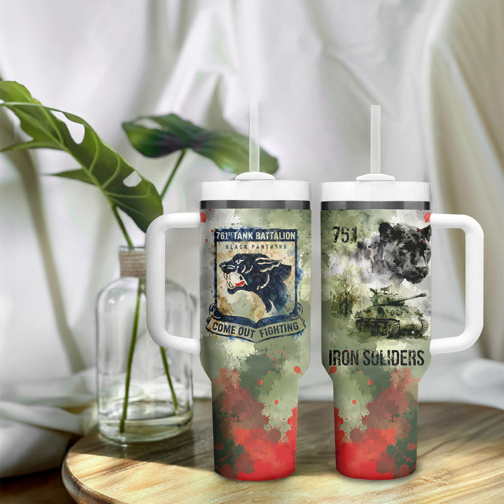 761st Tank Battalion Tumbler With Handle Black Panthers - Come Out Fighting - Military Watercolor