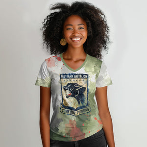 761st Tank Battalion Women V-Neck T-Shirt Black Panthers - Come Out Fighting - Military Watercolor