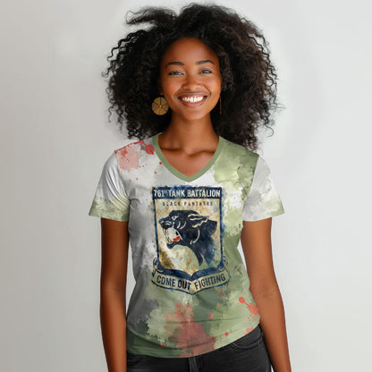 761st Tank Battalion Women V-Neck T-Shirt Black Panthers - Come Out Fighting - Military Watercolor