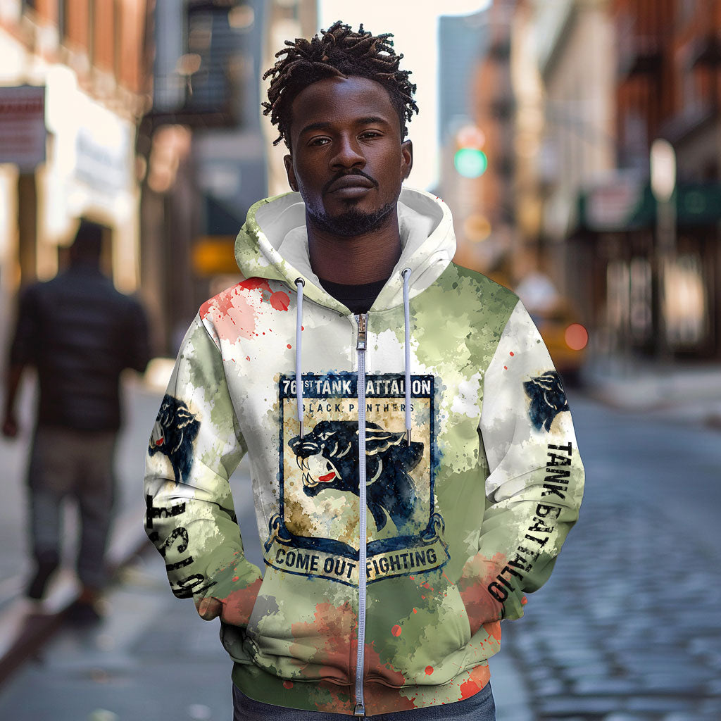 761st Tank Battalion Zip Hoodie Black Panthers - Come Out Fighting - Military Watercolor
