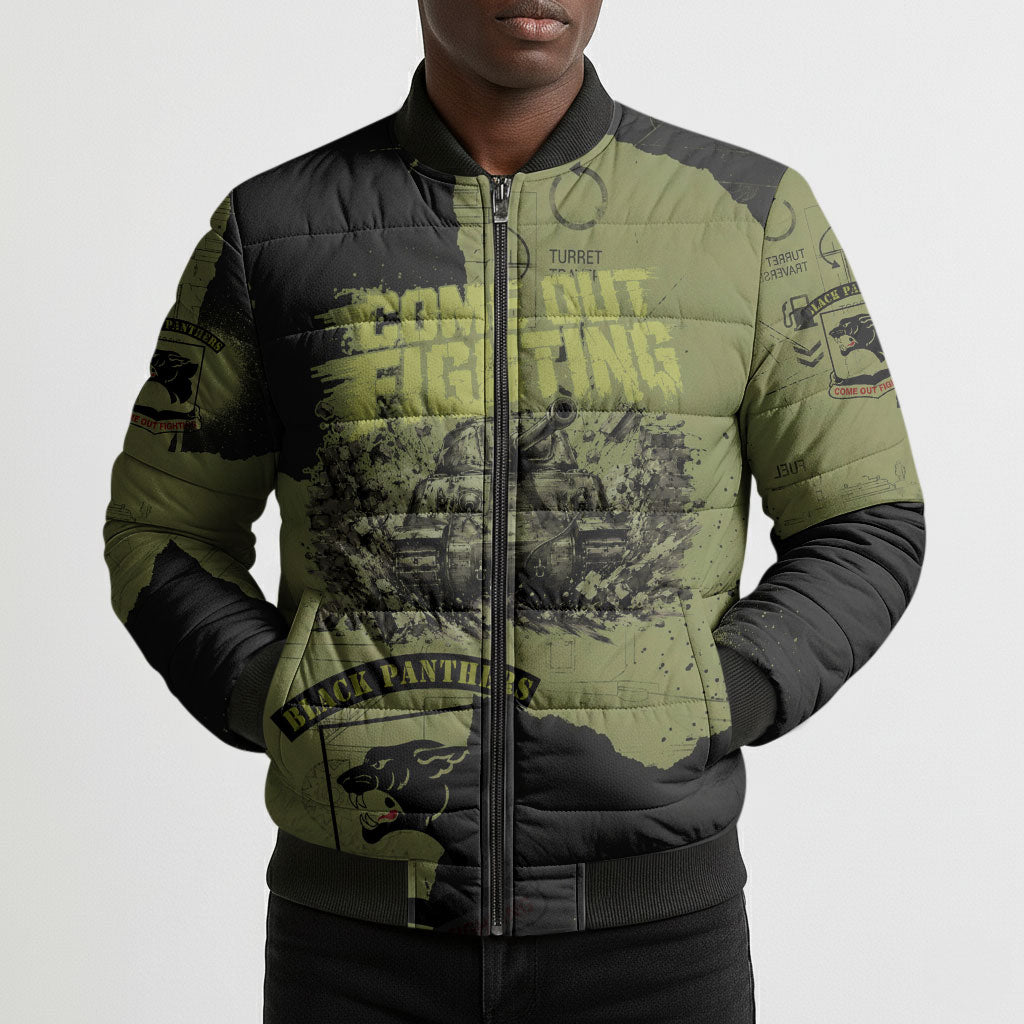 761st Tank Battalion Original Black Panthers Bomber Puffer Jacket Come Out Fighting - Sherman Tank Military - Distressed Scratch