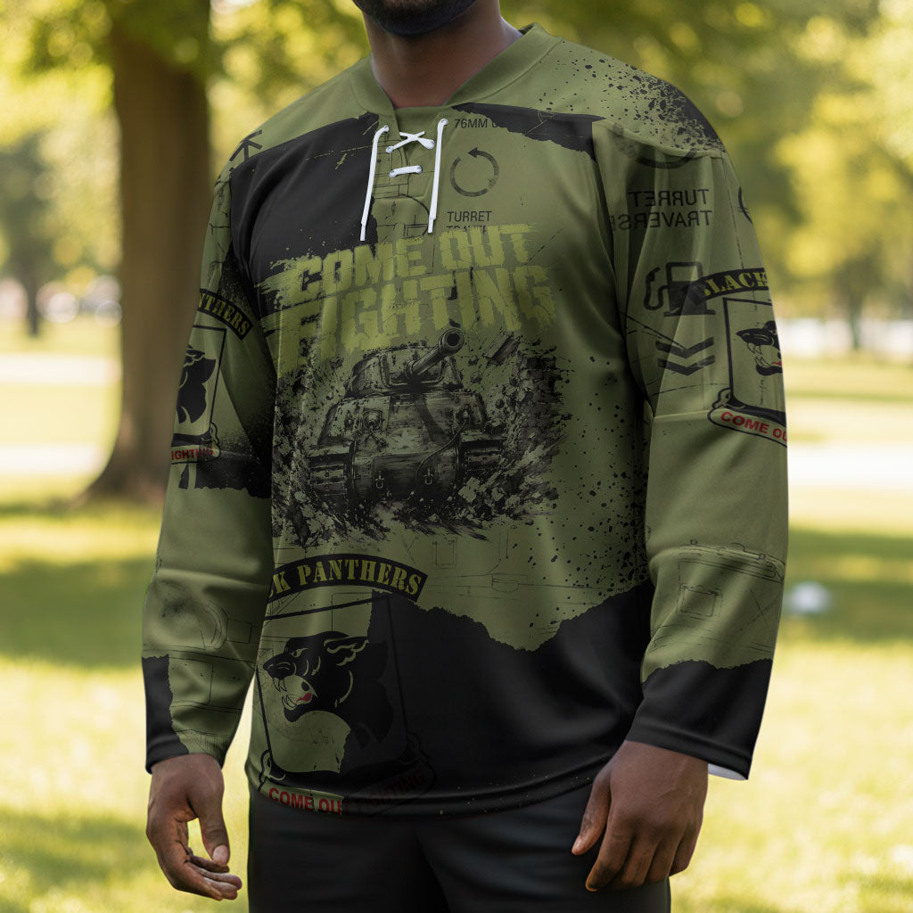 761st Tank Battalion Original Black Panthers Hockey Jersey Come Out Fighting - Sherman Tank Military - Distressed Scratch