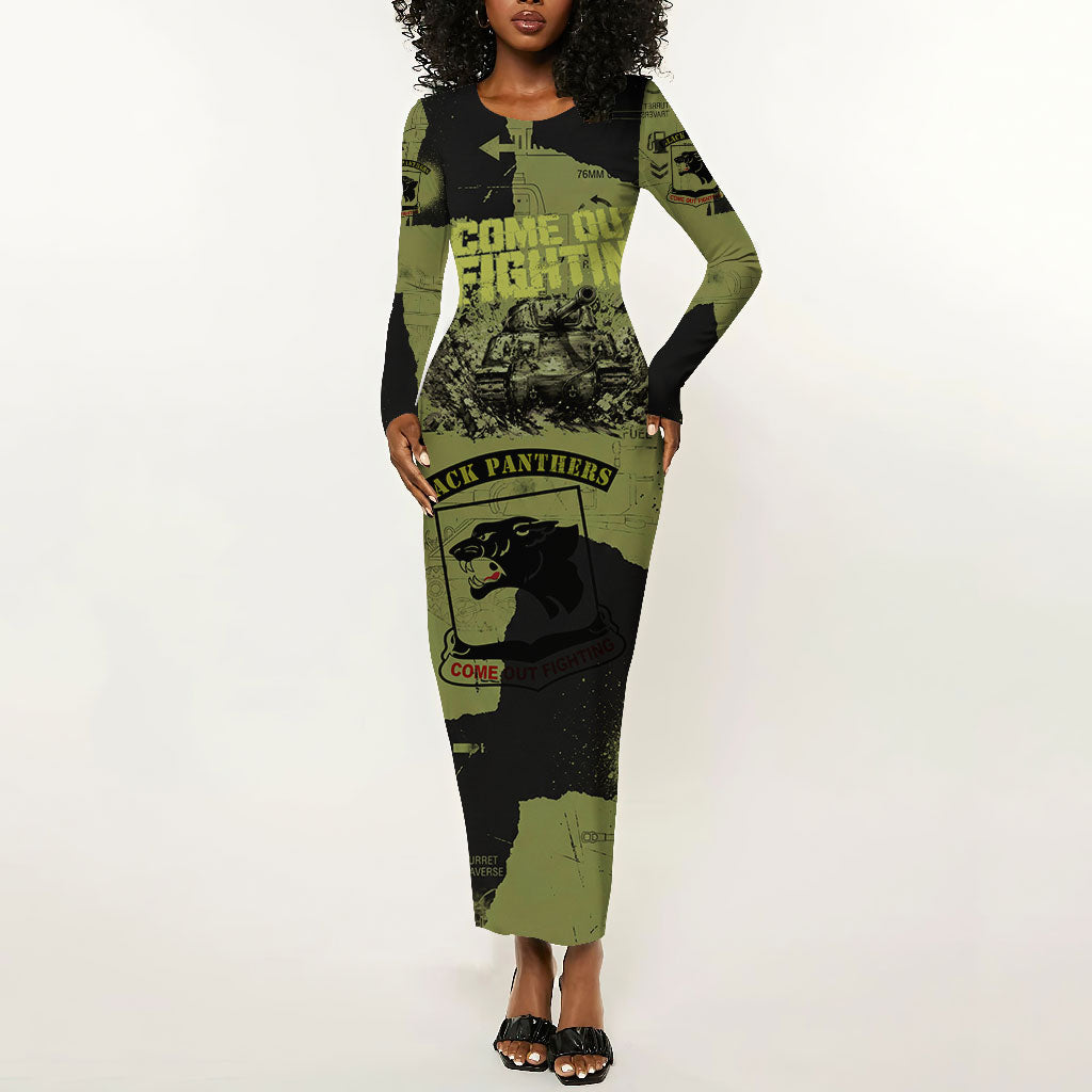 761st Tank Battalion Original Black Panthers Long Sleeve Bodycon Dress Come Out Fighting - Sherman Tank Military - Distressed Scratch