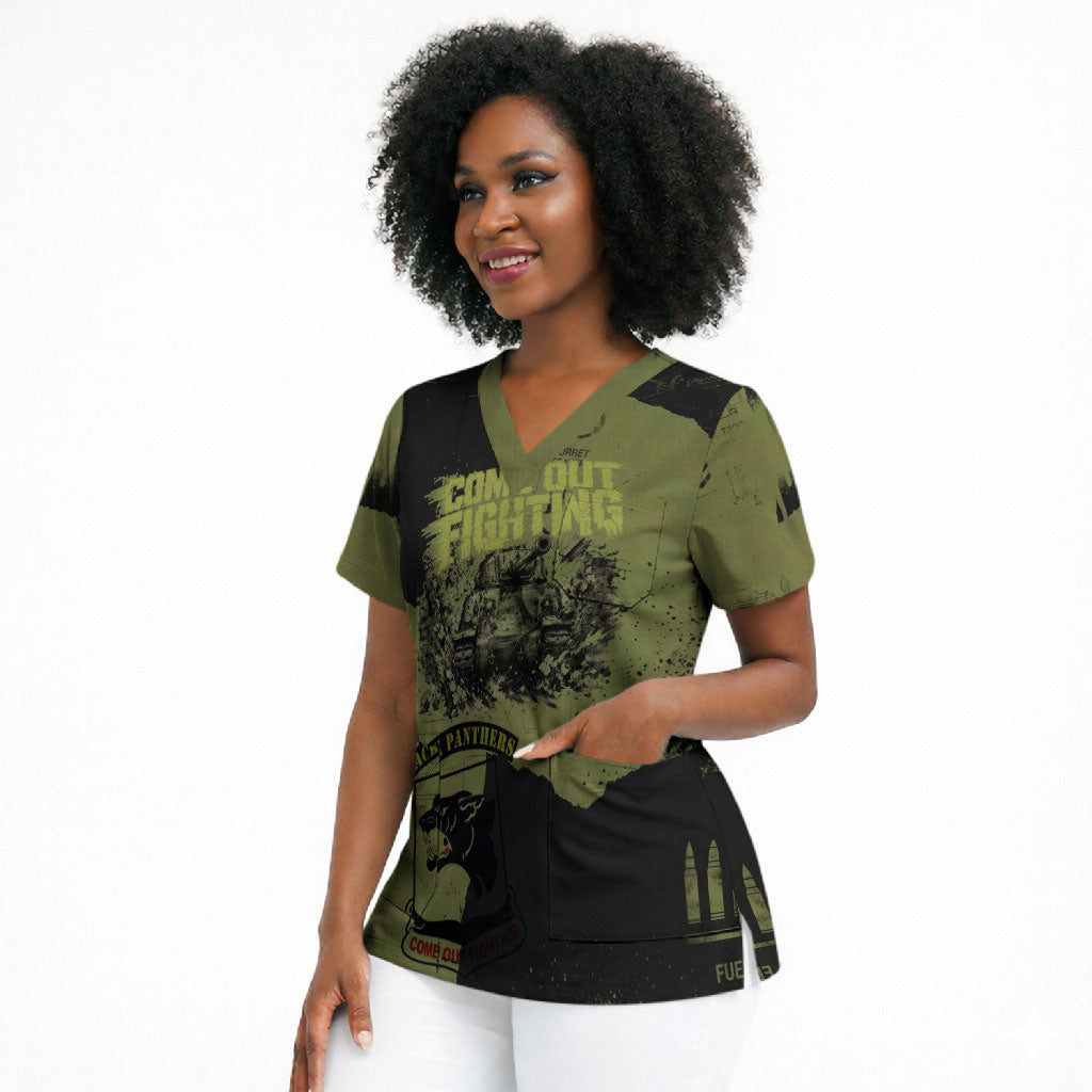 761st Tank Battalion Original Black Panthers Scrub Top Come Out Fighting - Sherman Tank Military - Distressed Scratch
