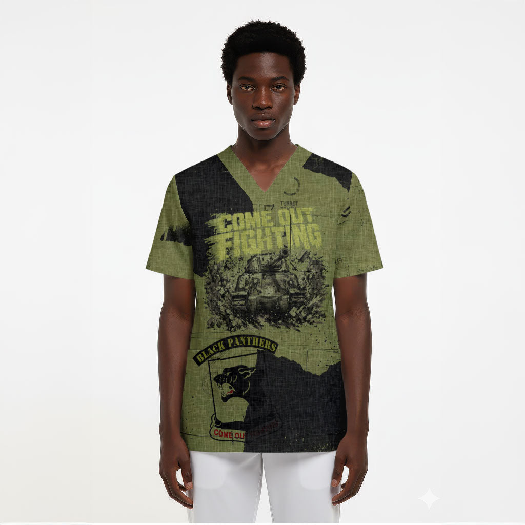 761st Tank Battalion Original Black Panthers Scrub Top Come Out Fighting - Sherman Tank Military - Distressed Scratch