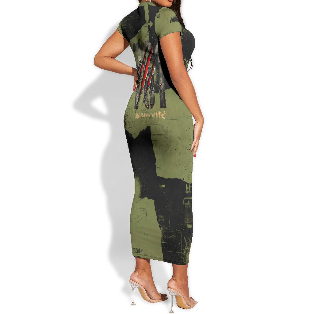 761st Tank Battalion Original Black Panthers Short Sleeve Bodycon Dress Come Out Fighting - Sherman Tank Military - Distressed Scratch