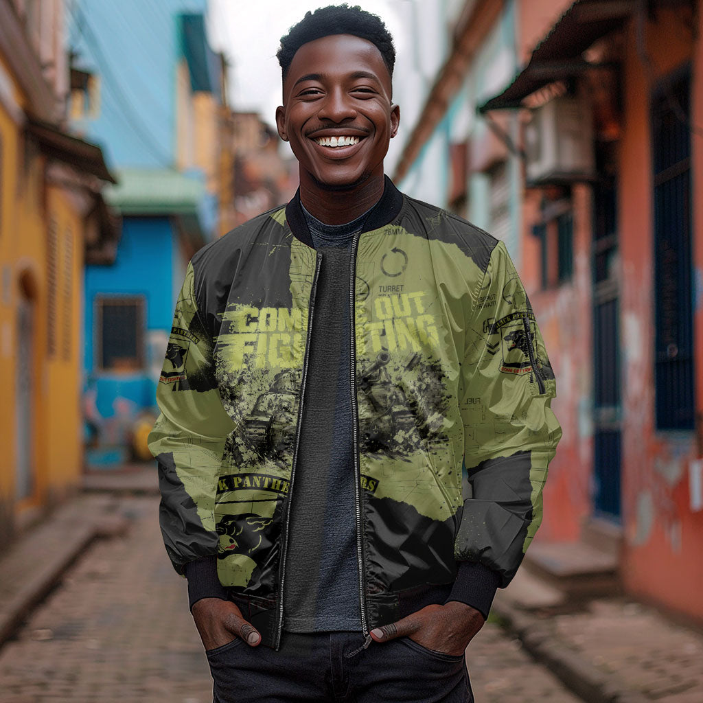 761st Tank Battalion Original Black Panthers Sleeve Zip Bomber Jacket Come Out Fighting - Sherman Tank Military - Distressed Scratch
