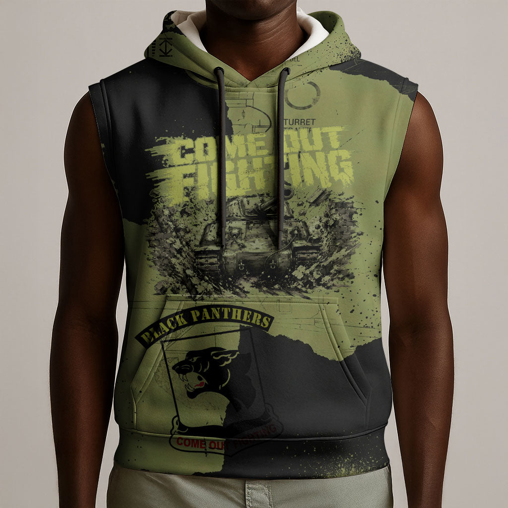 761st Tank Battalion Original Black Panthers Sleeveless Hoodie Come Out Fighting - Sherman Tank Military - Distressed Scratch