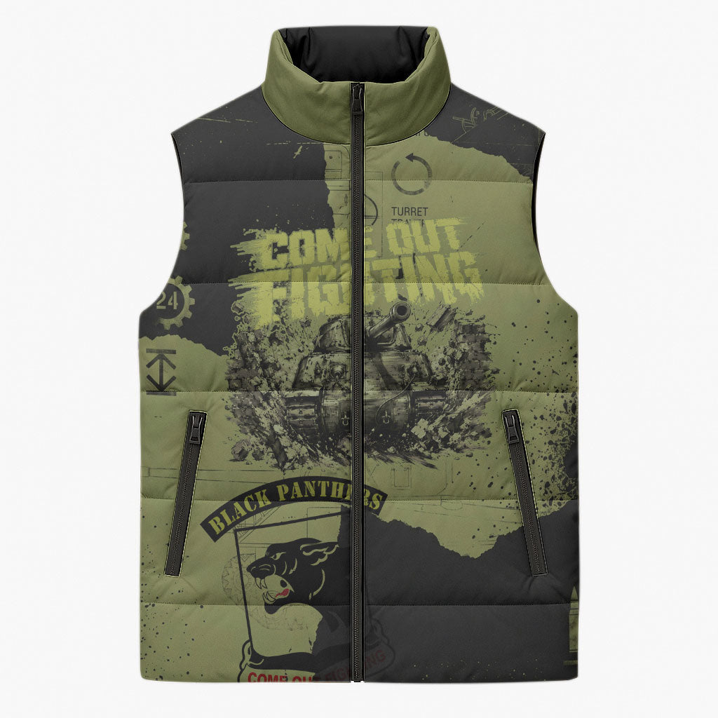 761st Tank Battalion Original Black Panthers Sleeveless Puffer Jacket Come Out Fighting - Sherman Tank Military - Distressed Scratch