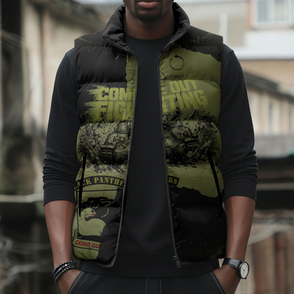 761st Tank Battalion Original Black Panthers Sleeveless Puffer Jacket Come Out Fighting - Sherman Tank Military - Distressed Scratch