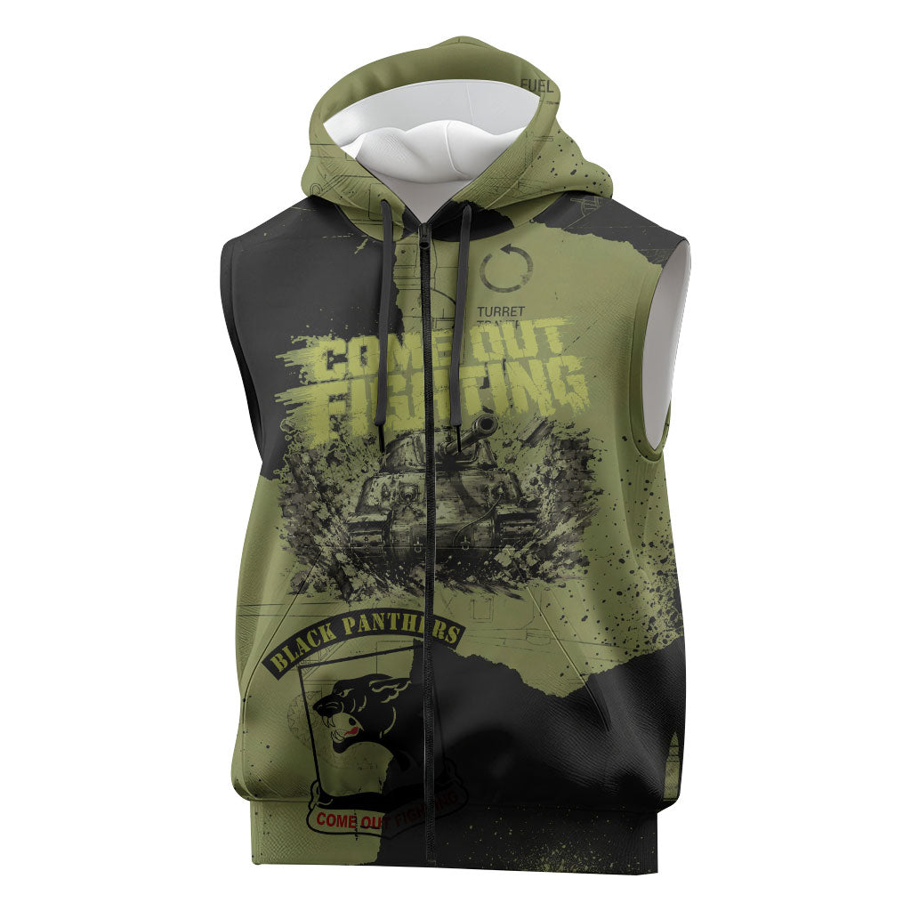 761st Tank Battalion Original Black Panthers Sleeveless Zip Hoodie Come Out Fighting - Sherman Tank Military - Distressed Scratch
