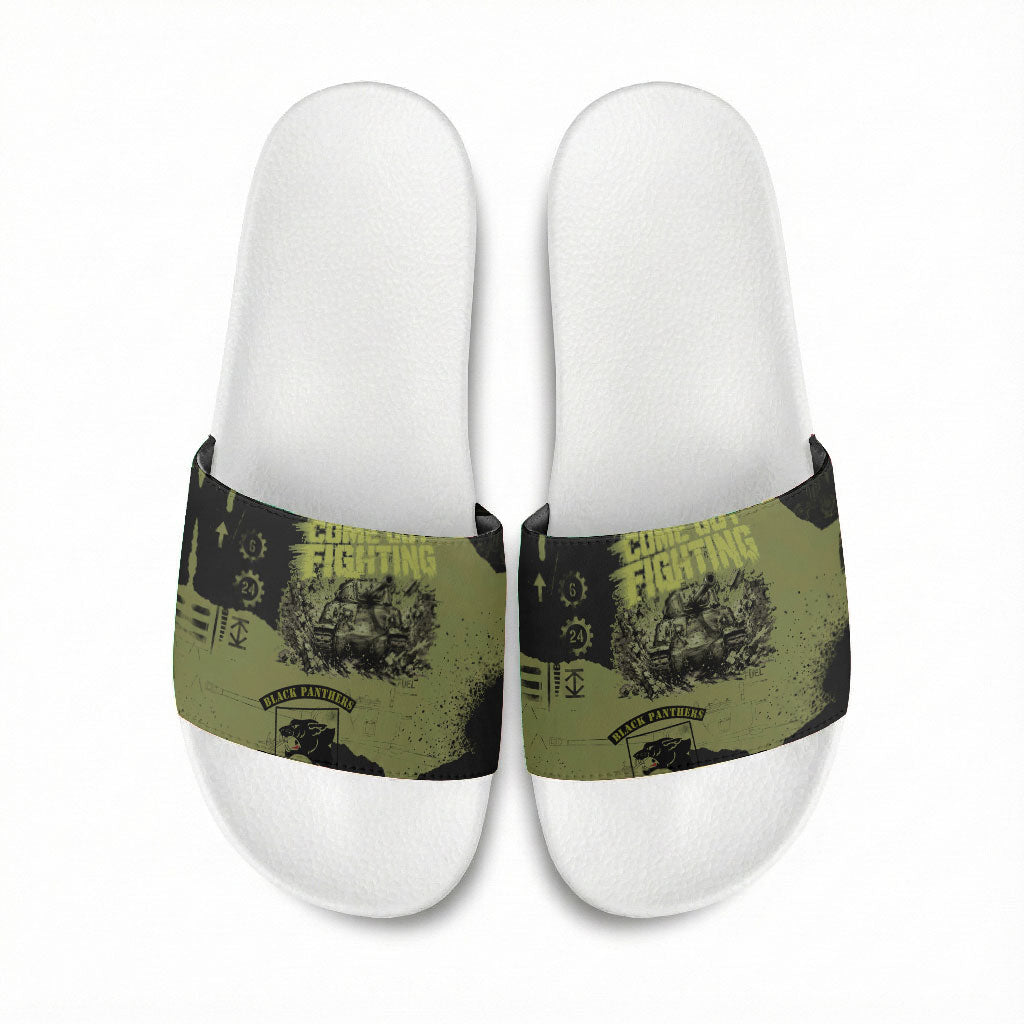 761st Tank Battalion Original Black Panthers Slide Sandals Come Out Fighting - Sherman Tank Military - Distressed Scratch