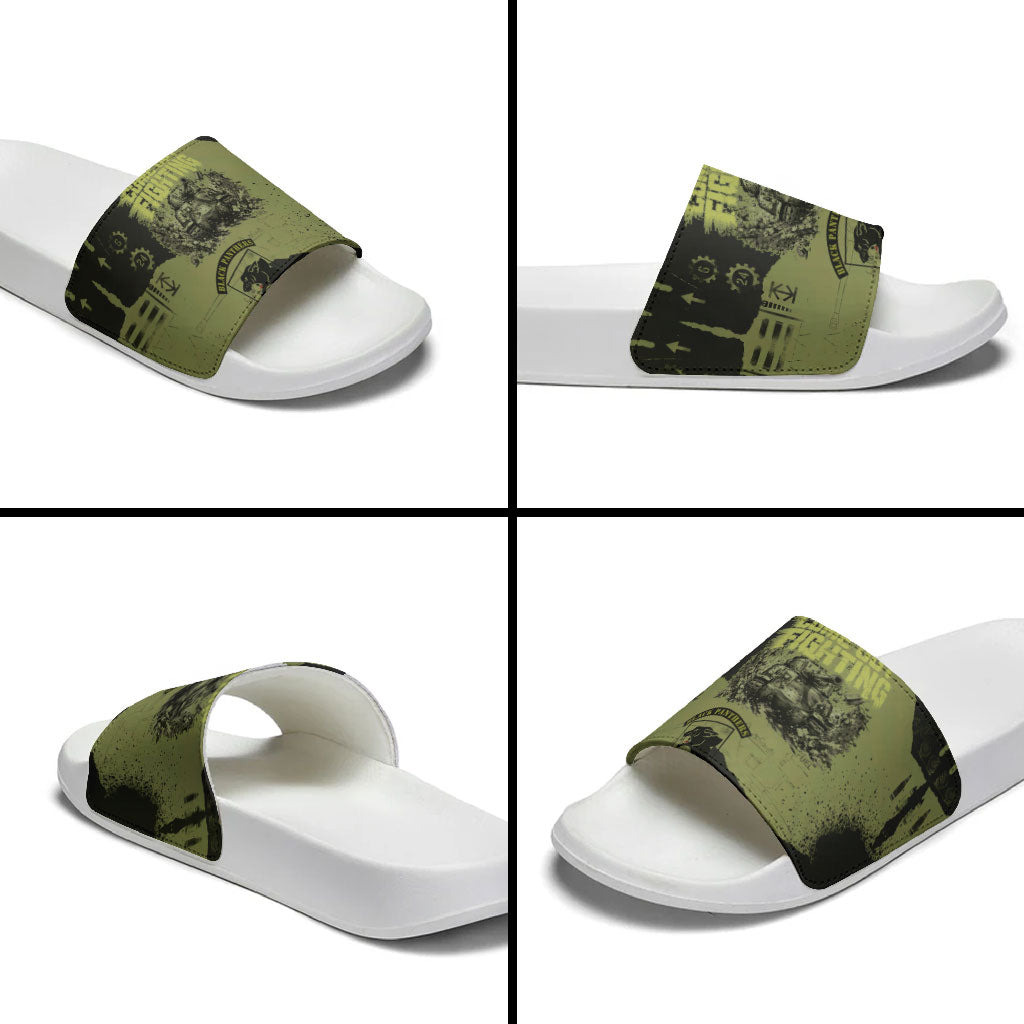 761st Tank Battalion Original Black Panthers Slide Sandals Come Out Fighting - Sherman Tank Military - Distressed Scratch