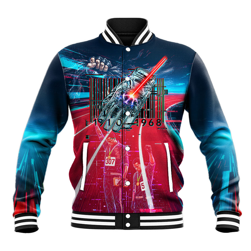 African American 1968 Black Power Salute Baseball Jacket Retro Cyberpunk Sci-Fi Tech Civil Rights Art