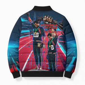 African American 1968 Black Power Salute Bomber Puffer Jacket Retro Cyberpunk Sci-Fi Tech Civil Rights Art