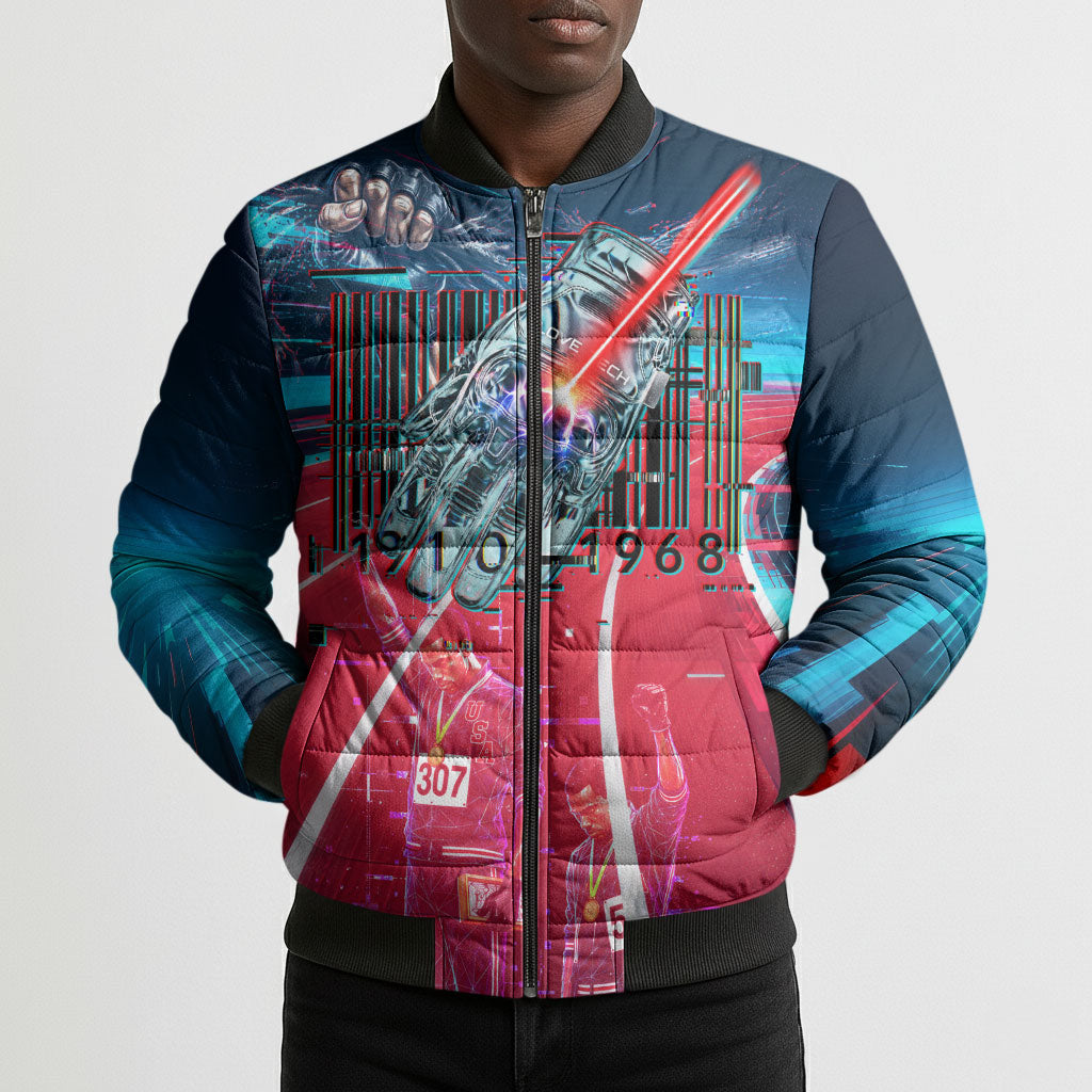 African American 1968 Black Power Salute Bomber Puffer Jacket Retro Cyberpunk Sci-Fi Tech Civil Rights Art