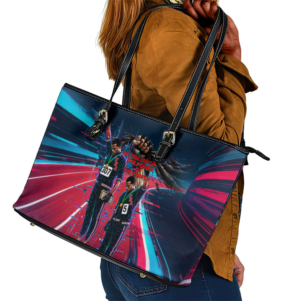 African American 1968 Black Power Salute Leather Tote Bag Retro Cyberpunk Sci-Fi Tech Civil Rights Art