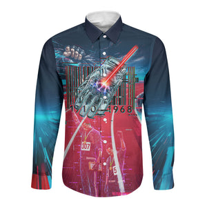 African American 1968 Black Power Salute Long Sleeve Button Shirt Retro Cyberpunk Sci-Fi Tech Civil Rights Art