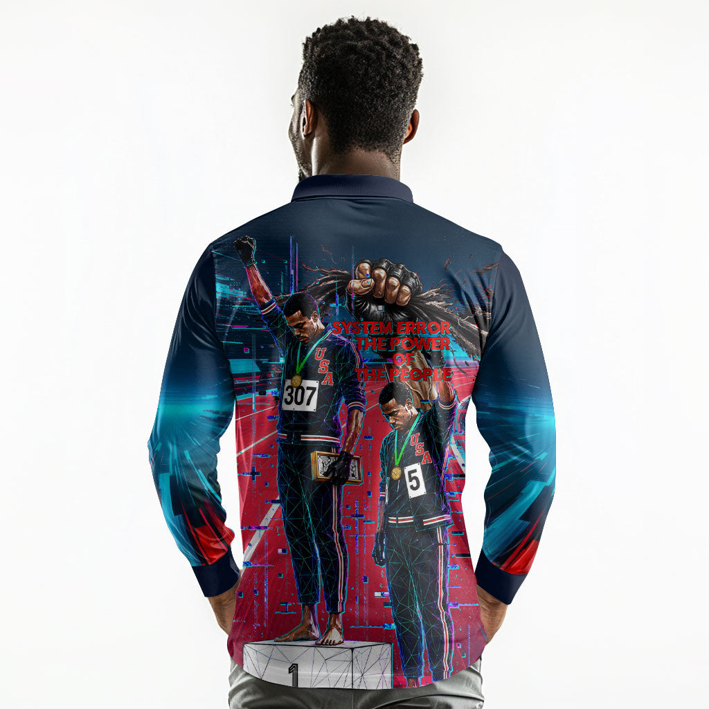 African American 1968 Black Power Salute Long Sleeve Polo Shirt Retro Cyberpunk Sci-Fi Tech Civil Rights Art