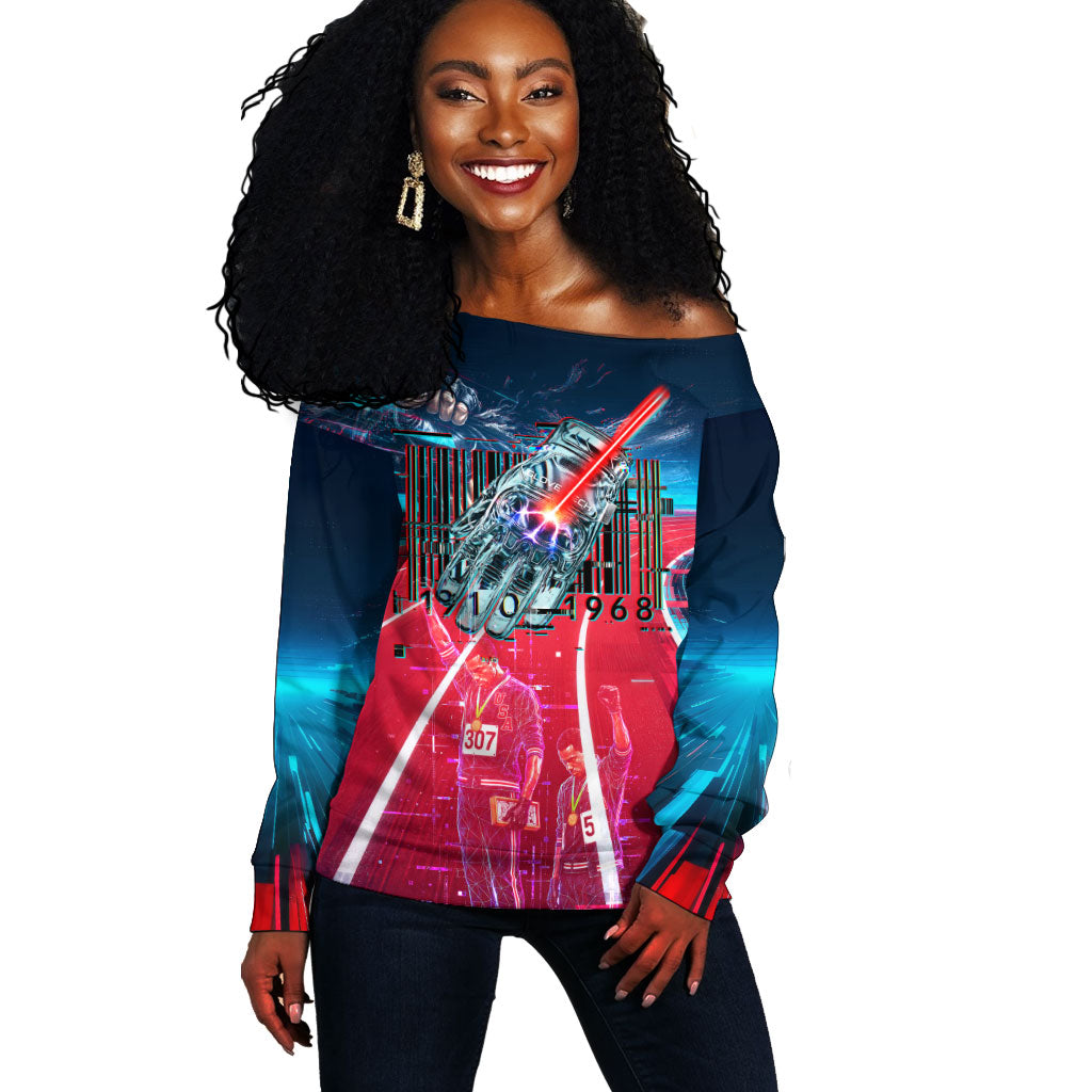 African American 1968 Black Power Salute Off Shoulder Sweater Retro Cyberpunk Sci-Fi Tech Civil Rights Art
