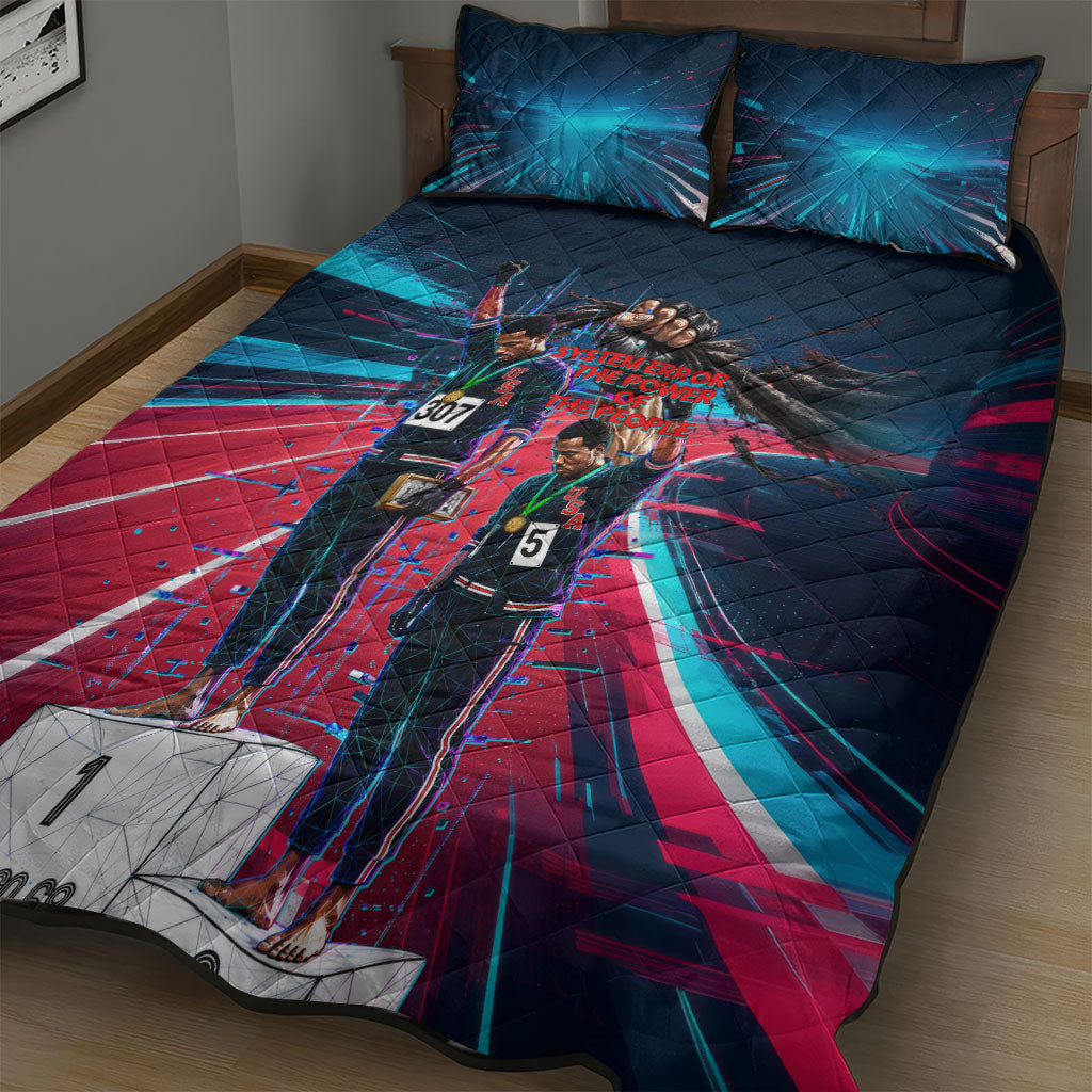 African American 1968 Black Power Salute Quilt Bed Set Retro Cyberpunk Sci-Fi Tech Civil Rights Art