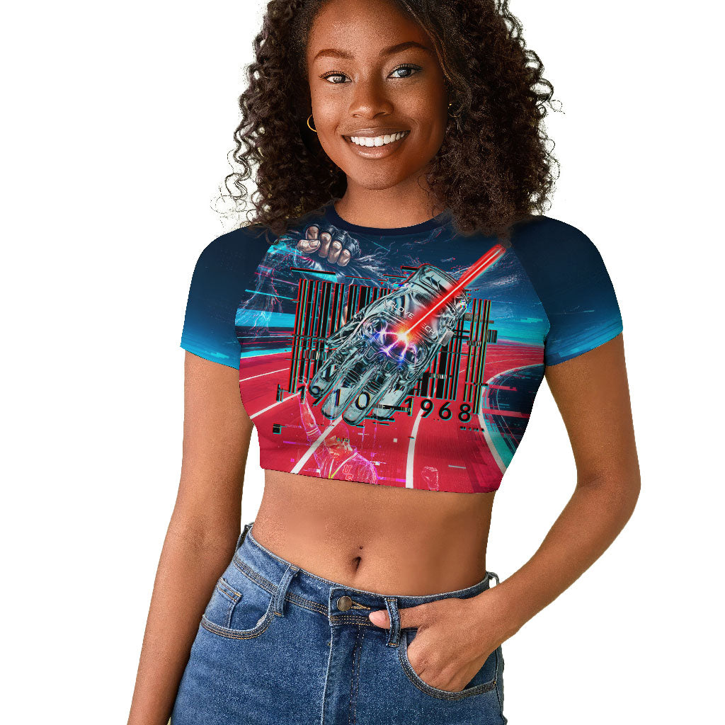 African American 1968 Black Power Salute Raglan Cropped T shirt Retro Cyberpunk Sci-Fi Tech Civil Rights Art