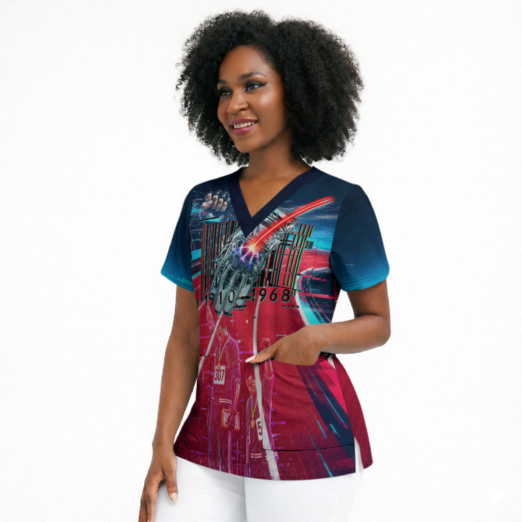 African American 1968 Black Power Salute Scrub Top Retro Cyberpunk Sci-Fi Tech Civil Rights Art