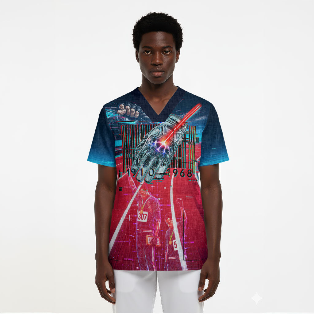 African American 1968 Black Power Salute Scrub Top Retro Cyberpunk Sci-Fi Tech Civil Rights Art