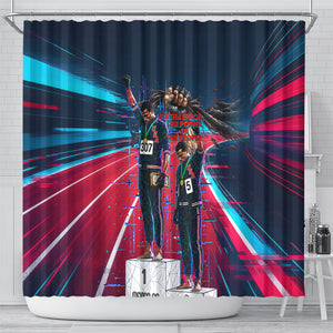 African American 1968 Black Power Salute Shower Curtain Retro Cyberpunk Sci-Fi Tech Civil Rights Art