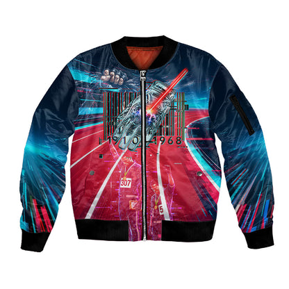African American 1968 Black Power Salute Sleeve Zip Bomber Jacket Retro Cyberpunk Sci-Fi Tech Civil Rights Art