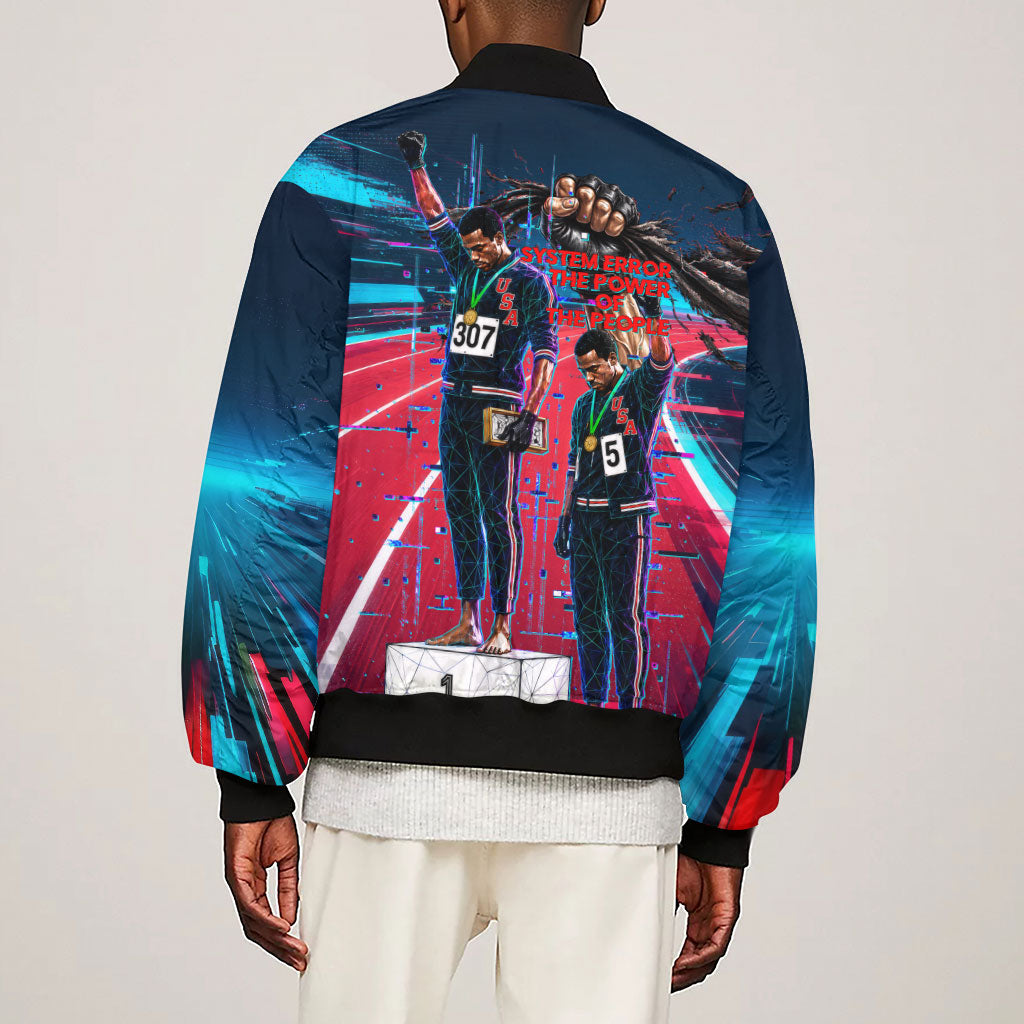 African American 1968 Black Power Salute Sleeve Zip Bomber Jacket Retro Cyberpunk Sci-Fi Tech Civil Rights Art