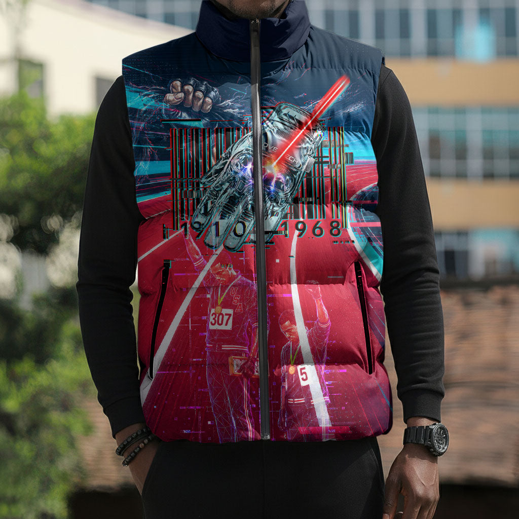 African American 1968 Black Power Salute Sleeveless Puffer Jacket Retro Cyberpunk Sci-Fi Tech Civil Rights Art
