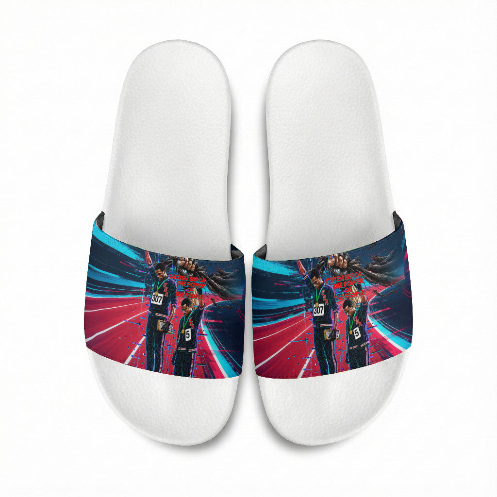African American 1968 Black Power Salute Slide Sandals Retro Cyberpunk Sci-Fi Tech Civil Rights Art