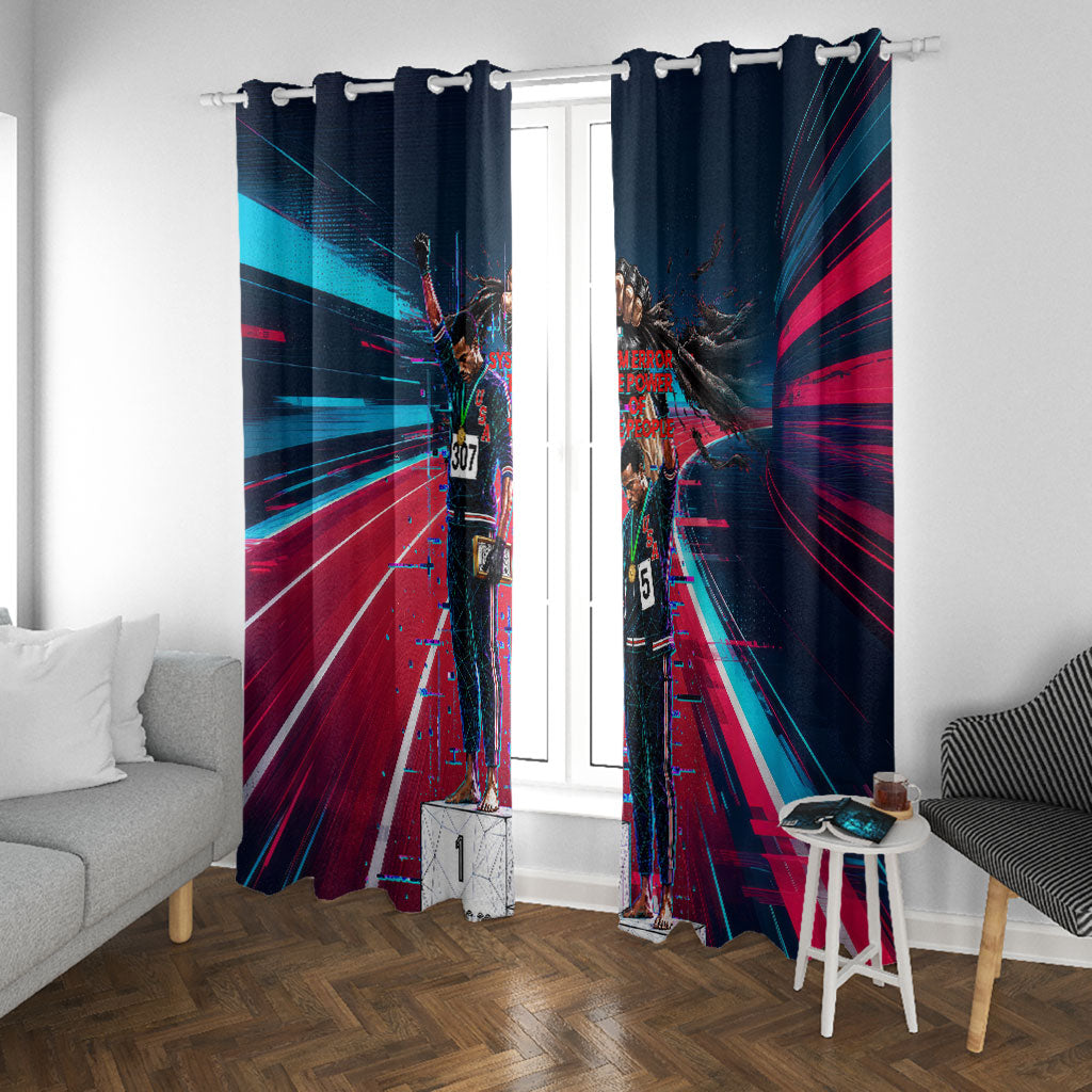 African American 1968 Black Power Salute Window Curtain Retro Cyberpunk Sci-Fi Tech Civil Rights Art
