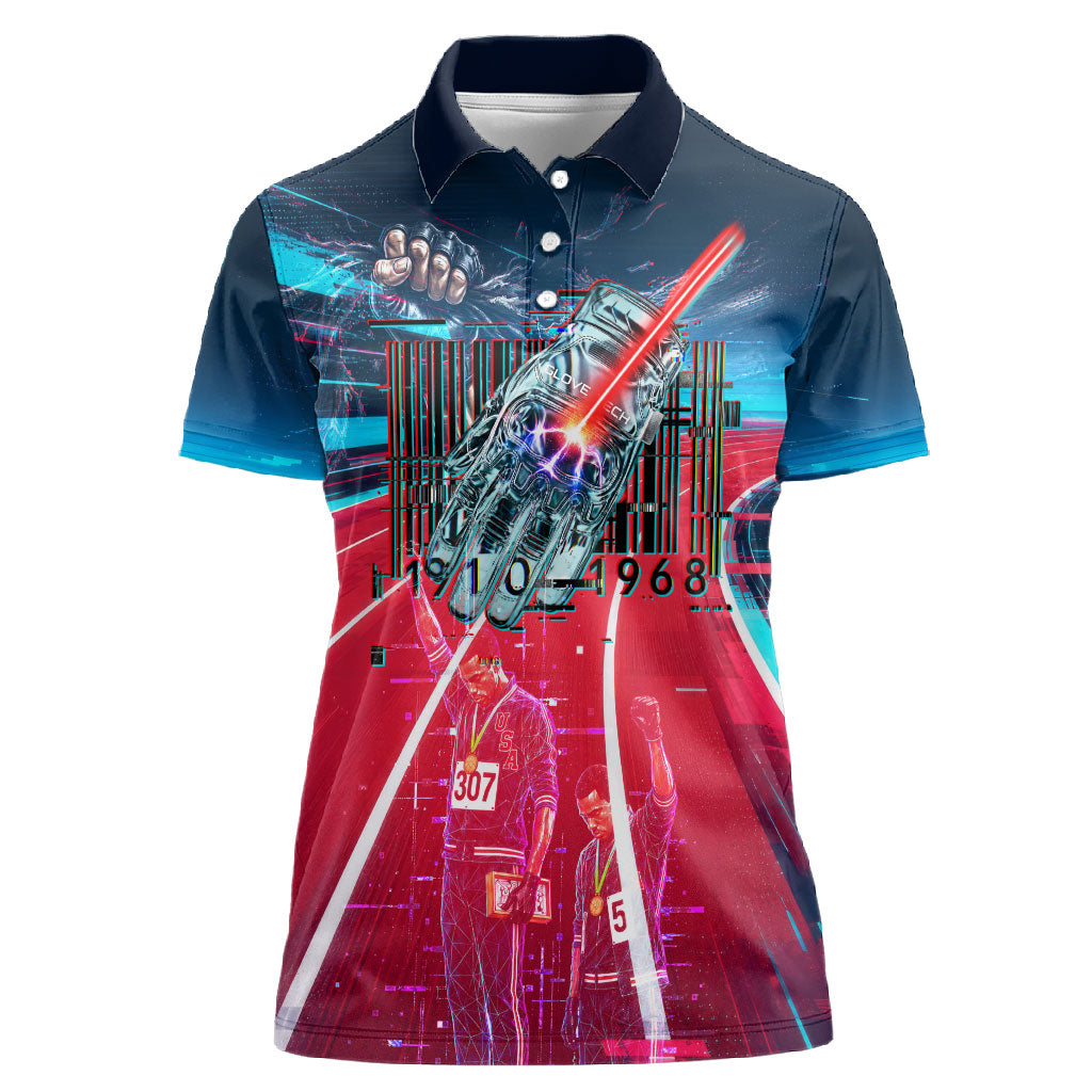 African American 1968 Black Power Salute Women Polo Shirt Retro Cyberpunk Sci-Fi Tech Civil Rights Art